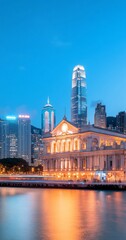 Fototapeta premium Cityscape twilight, harbor building, lights, reflection, urban background. Use travel brochure.