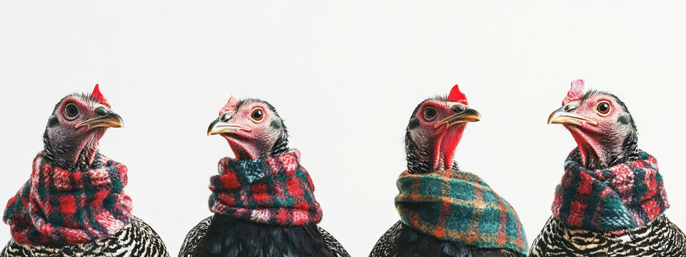 Four chickens adorned in colorful plaid scarves look quizzically at the camera against a pristine white backdrop.