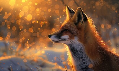 Beautiful fox bathed in golden sunlight, staring into the distance. Majestic wildlife imagery with a warm, captivating ambiance.
