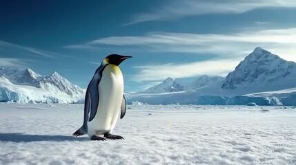 Fototapeta premium A majestic emperor penguin standing on an Antarctic ice sheet, gazing into the distance