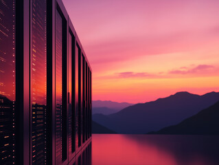 Obraz premium Futuristic Data Center with Scenic Mountain Sunset