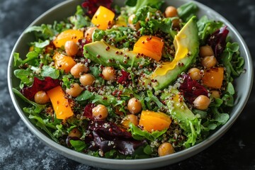 Fresh salad flatlay modern kitchen food photography cozy atmosphere top view healthy eating concept
