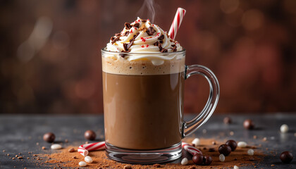Velvety peppermint mocha in glass mug on wooden table, festive delight