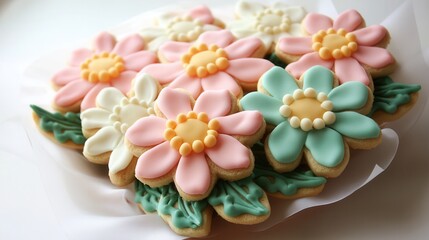 A plate filled with beautifully decorated cookies featuring vibrant flower designs, showcasing artistic pastry work and culinary creativity.