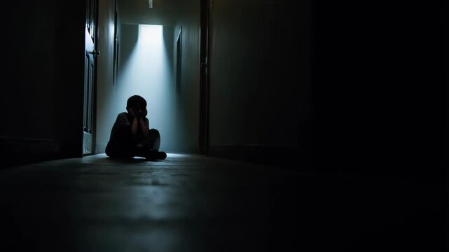 Lonely child sitting motionless in dark hallway, soft light beam illuminating vulnerability and emotional isolation from shadowy doorway surrounding fragile silhouette. Concept of suicide.