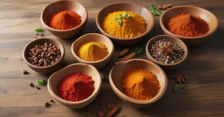 Vibrant display of spices in wooden bowls including pepper, nutmeg, paprika, and coriander, variety, display
