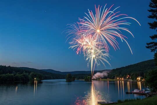 Vibrant explosion of colorful fireworks bursting in the night sky over a serene lake, fireworks display, color explosion, spectacle, explosion, celestial event