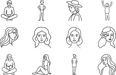 Line Art Illustrations Diverse People Poses and Hairstyles