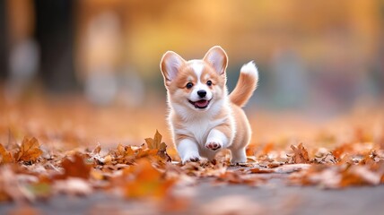 Adorable corgi puppy running in autumn leaves