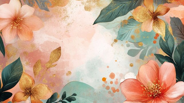 Peach and gold floral watercolor background with leaves.