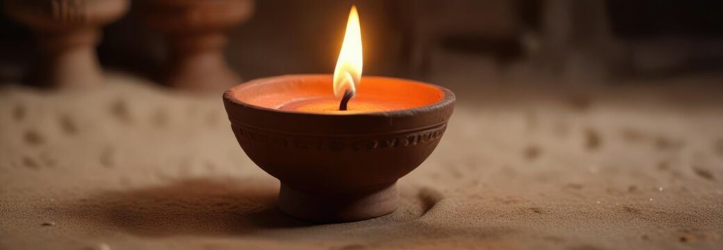 A solitary candle flame dancing within a traditional clay diya vessel, sacred space, lantern
