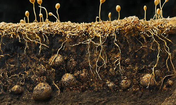 An artistic depiction of soil layers with sprouts and roots, showcasing nature's growth.