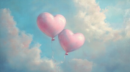 Fototapeta premium Painting Of Heart Shaped Balloons On Blue Cloudy Sky Valentine's Day Card Background