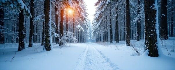 A blanket of freshly fallen snow covers a quiet forest floor, serene scenery, wintery scene