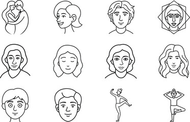Diverse Line Art Portraits Couples, Yoga, and Individual Faces