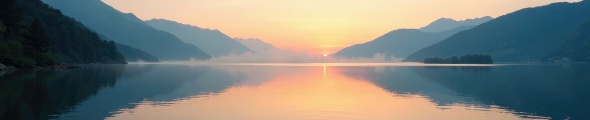 Naklejka premium Tranquil morning scene on a serene mountain lake, dawn, calm