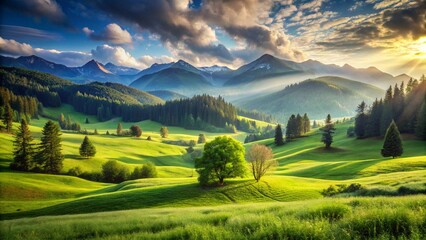 meadow lush green wallpaper, realistic and vivid
