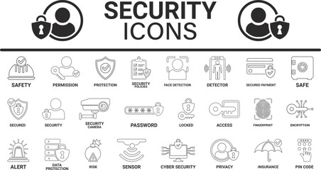 Security icon set. Containing secured payment, encryption, safety, insurance, data protection, detector, sensor, locked, password, and cybersecurity icon. Solid icon collection. Line art icons design,
