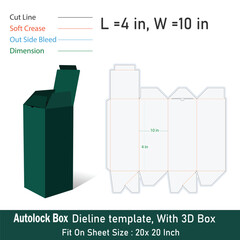 Autolock box Size 4 x 10 in, Dieline template, With 3D Box, Vector File