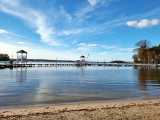 Beach in town Sława, Poland. Lake Sławskie. Plaża miejska i pomost w Sławie nad Jeziorem Sławskim. © AFilipczuk