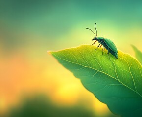 Fototapeta premium Soft green foliage merging into a glowing sky with a tiny beetle crawling on the edge of a vibrant leaf.