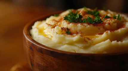 Creamy Mashed Potatoes with Melted Butter and Fresh Parsley Garnish in Rustic Wooden Bowl, Close-up, Top-Down View