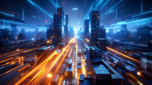 A vibrant and exciting, futuristic cityscape teeming with neon lights, digital data streams, and innovation. Futuristic cityscape with vibrant neon lights and advanced digital elements