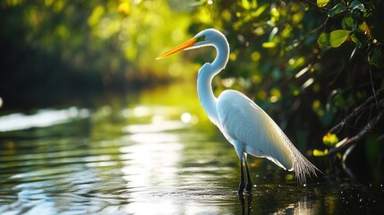 Obraz premium A white bird with a long beak stands gracefully in the water, showcasing its elegance and natural beauty in a serene environment.
