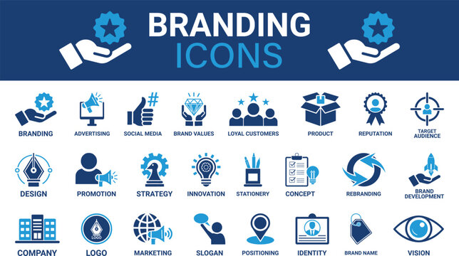Branding icon set. Containing marketing, product, brand value, design, logo, brand development, social media, advertising, and loyal customer icons. Solid icon collection. icons design,