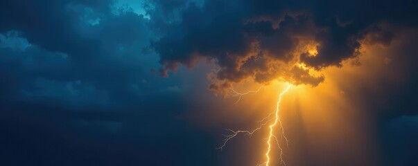 Dark stormy sky with yellow lightning striking on a blue cloud, weather, yellow, blue