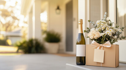 Celebratory gift of flowers and a bottle of wine on a porch suggesting a special occasion like a housewarming congratulations or thank you