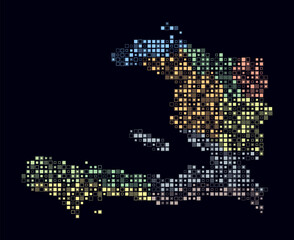 Obraz premium Haiti, shape of the country built of colored cells. Digital style map of Haiti on dark background. Small size square blocks. Modern vector illustration.