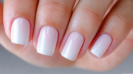 Closeup of manicured fingernails with light pink and white ombre nail polish