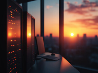 Modern Data Center with Servers and Workstation at Sunset