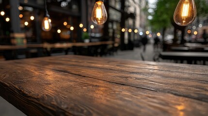 Empty wooden table at outdoor cafe, city street background, product display