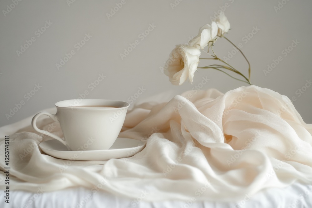 Aufkleber soft silk fabrics with a ceramic cup and delicate flowers create an elegant and tranquil display for
