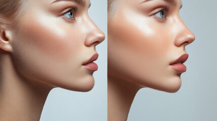 Side-by-side photos showing facial skin sagging and aging lines pre-facelift, and the firm, youthful, smooth results achieved post-procedure