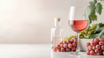 Elegant still life: A glass of ros&eacute; wine alongside fresh grapes and a bottle of wine reflecting celebratory moments and refined taste