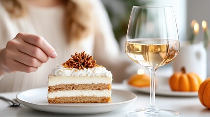 Elegant dessert: A Caucasian woman's hand presents a layered cake with white wine invoking autumn vibes and festive indulgence