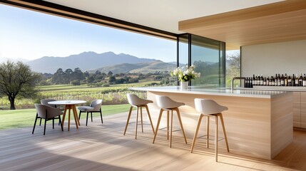 Contemporary kitchen with vineyard view Modern design natural light and scenic landscape Ideal for wine lovers Indoor and outdoor spaces merge