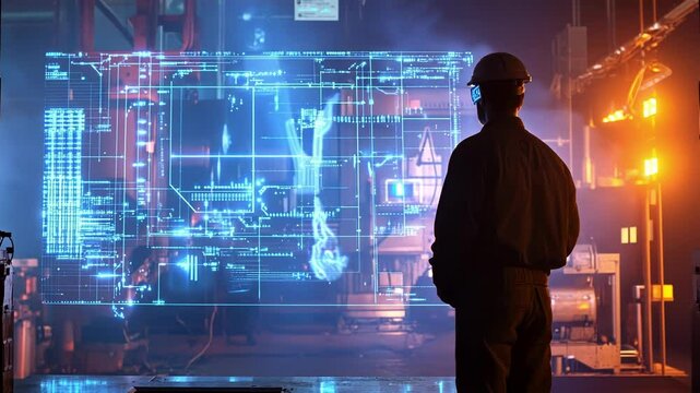 Industrial engineer wearing safety helmet and glasses is using futuristic control panel with augmented reality holographic projection to monitor and control machinery in a high tech factory