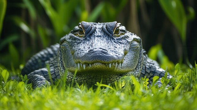 A large alligator rests peacefully in a lush green grass landscape, blending with its natural environment, showcasing its impressive size and reptilian features.