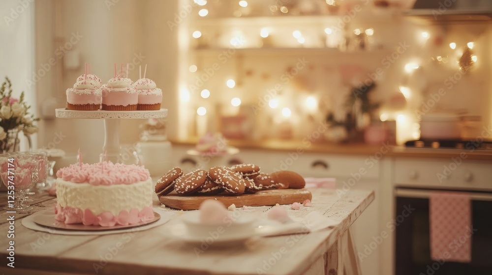 Poster festive kitchen table adorned with colorful cakes and cookies in a cozy setting during a holiday gat