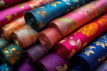 Vibrant rolls of decorative fabric showcasing intricate floral patterns stacked artistically