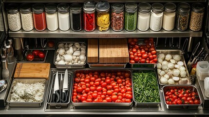 Organized kitchen pantry with fresh produce. Food preparation area.  Use Cookbook, website