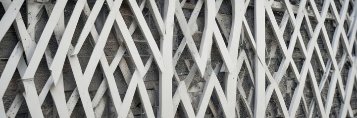 White wooden fence with triangle metal mesh panels, modern, geometric, painted, bright, garden