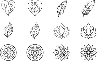 Floral, leaf, heart, feather, mandala line art designs, vector graphics