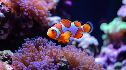 Vibrant Clownfish Swimming Gracefully Among Colorful Sea Anemones in a Lively Coral Reef Environment