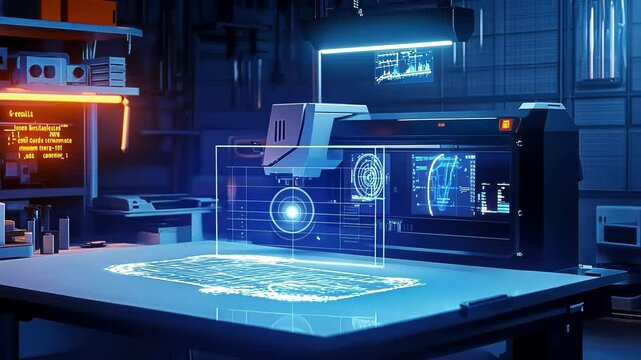 Futuristic 3d printer creating a holographic projection on a table inside a high tech laboratory, showcasing advanced fabrication and design technologies