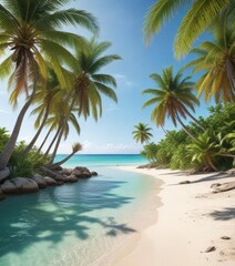 Obraz premium White sandy beach lined with palm trees and a gentle lagoon , palm trees, natural beauty, peaceful atmosphere
